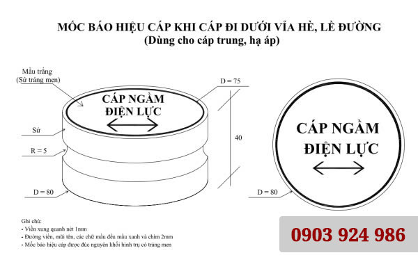 Bản vẽ mốc sứ cảnh báo cáp điện lực chôn ngầm