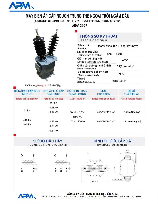 Máy biến áp cấp nguồn trung thế ngoài trời ngâm dầu APM 2 sứ