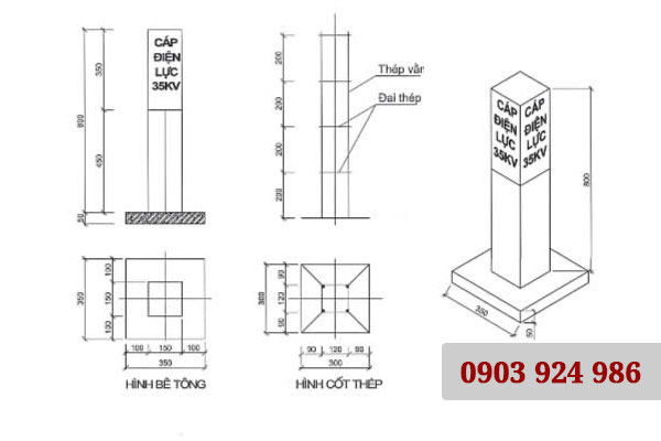 Bản vẽ cọc bê tông cảnh báo cáp điện lực 35kV